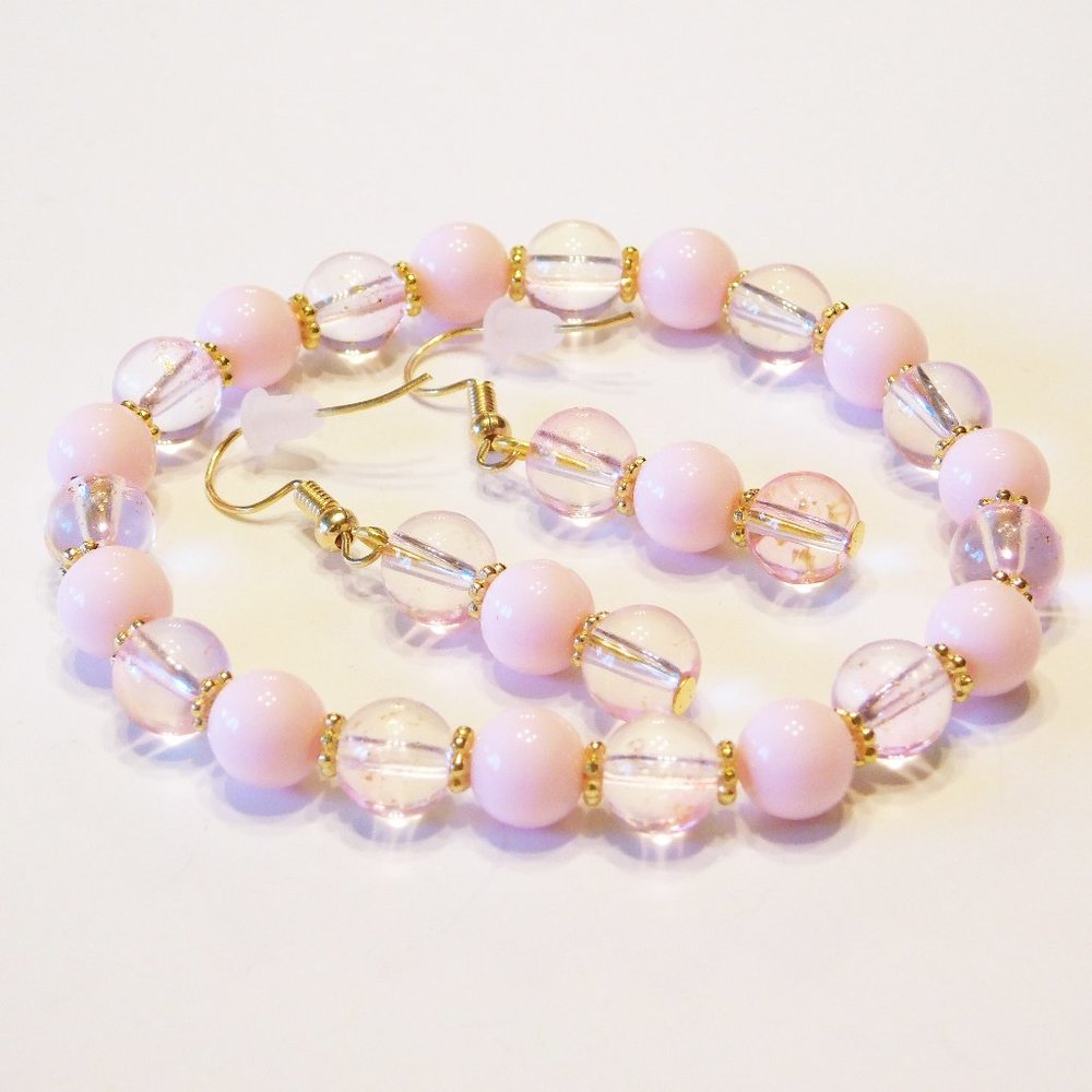 Handmade Pink Glass Beaded Stretch Bracelet & Matching Earrings - 7.5"